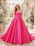 Fuchsia Off Shoulder Draped Satin A Line Court Train Wedding Dress front view