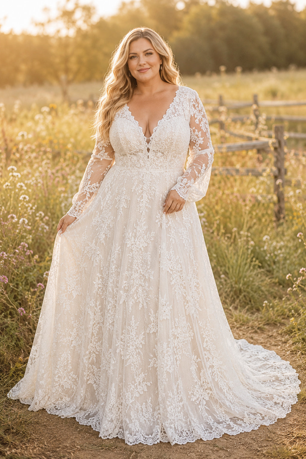 Ivory Plus Size Long Sleeve Lace A-Line Wedding Dress with V-Neck Bodice and Chapel Train front view