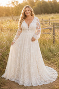 Ivory Plus Size Long Sleeve Lace A-Line Wedding Dress with V-Neck Bodice and Chapel Train front view