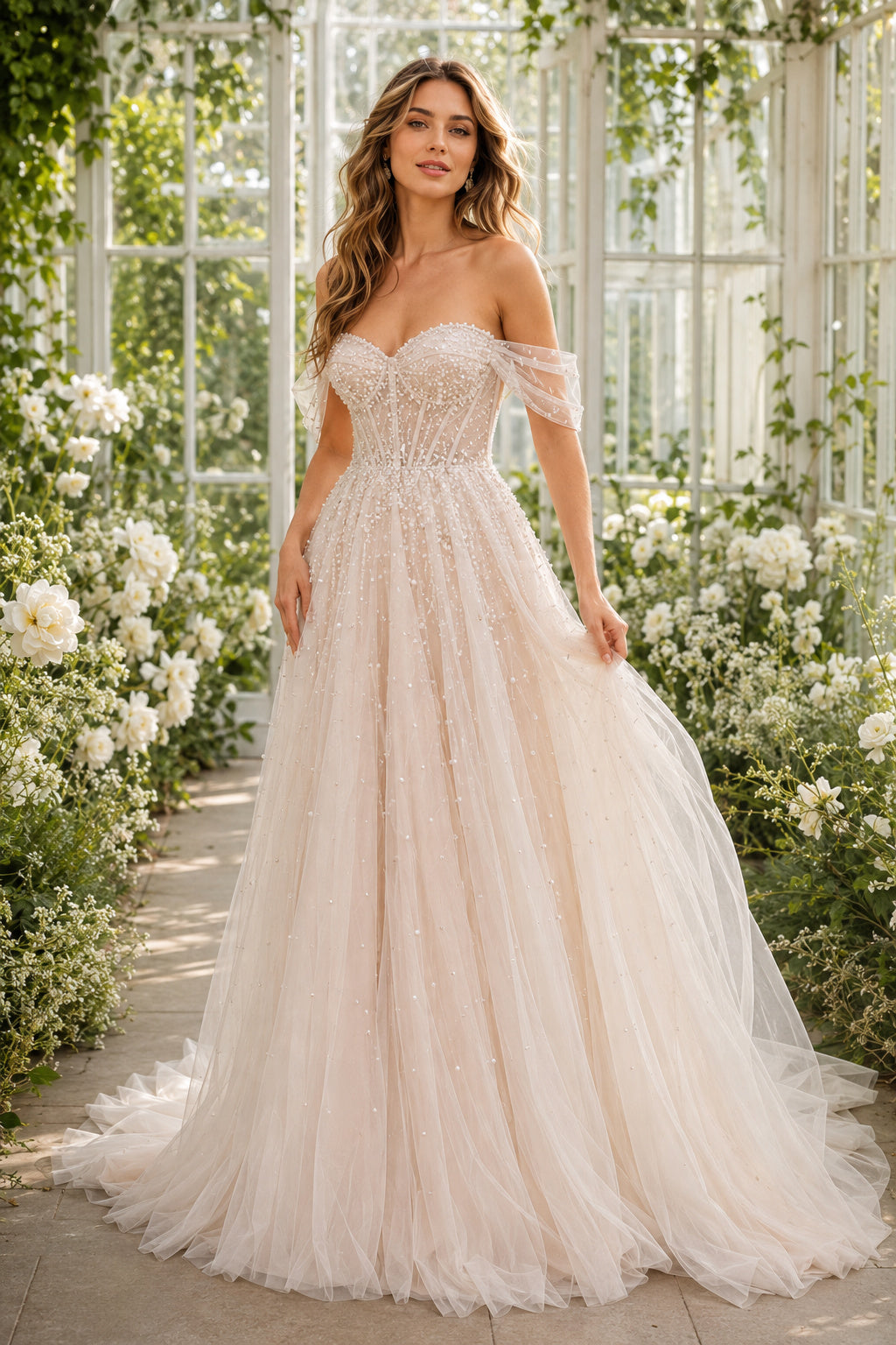 Blushing Pink Off-the-Shoulder Tulle Ball Gown Wedding Dress with Lace Bodice front view