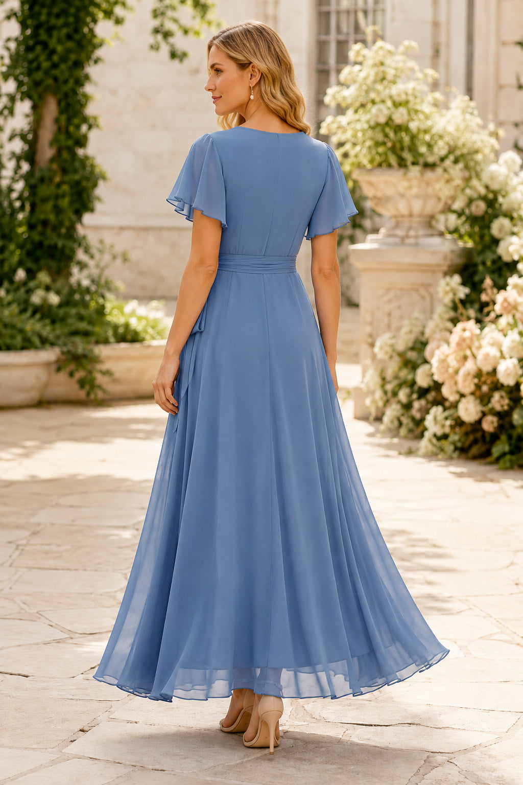 Steel Blue Dusty Blue Wedding Guest Sheath Dress Style MG_301564 back view
