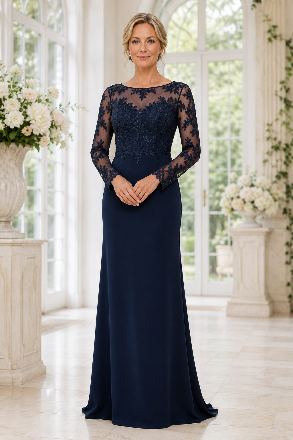 Dark Navy Illusion Lace Sheath Mother Dress with Long Sleeves and Beaded Bodice front view