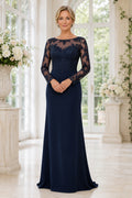 Dark Navy Illusion Lace Sheath Mother Dress with Long Sleeves and Beaded Bodice front view