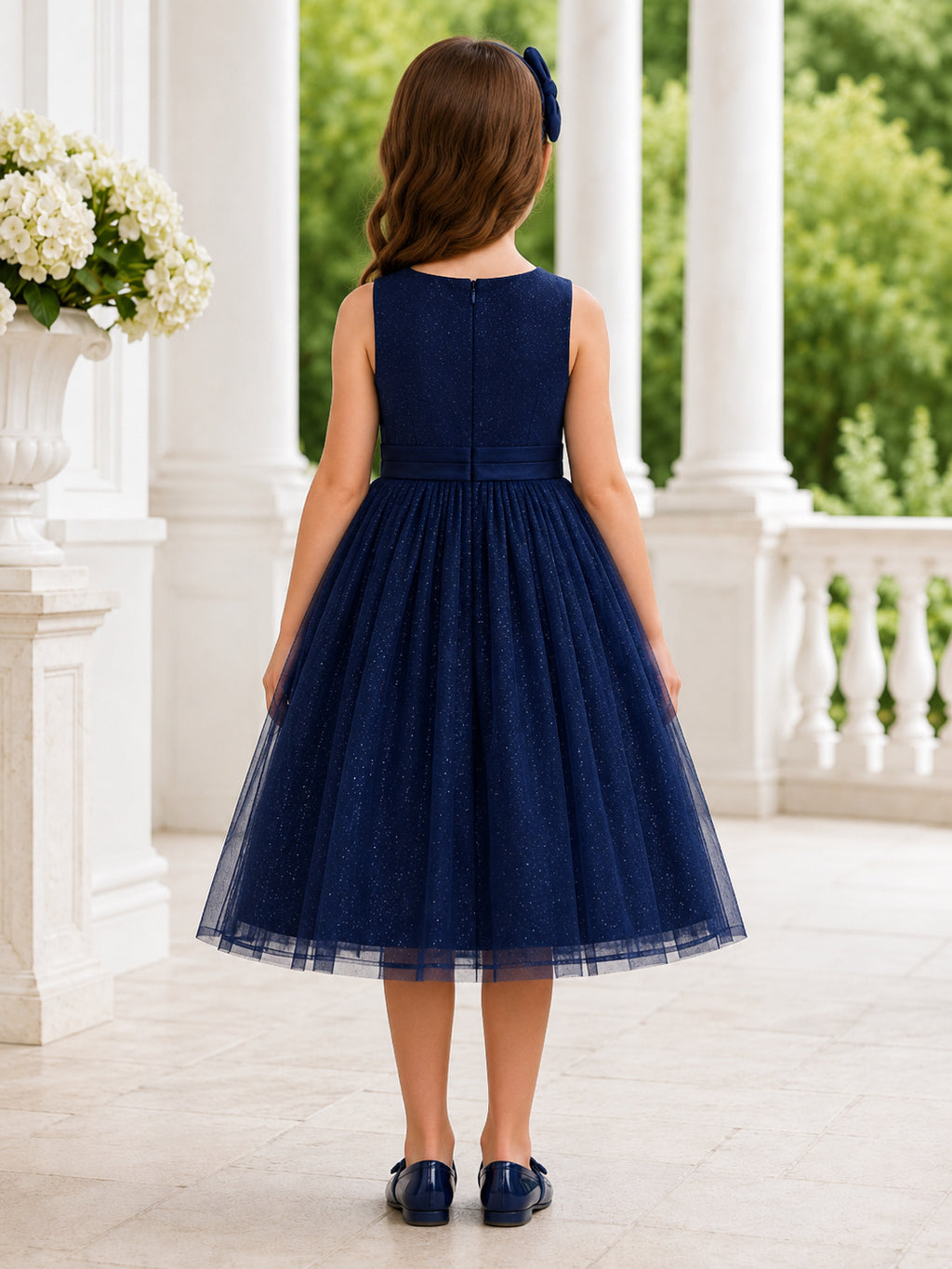 Dark Navy Flower Girl A-Line Tulle Jewel Neck Sleeveless Floral Tea-Length Party Dress back view