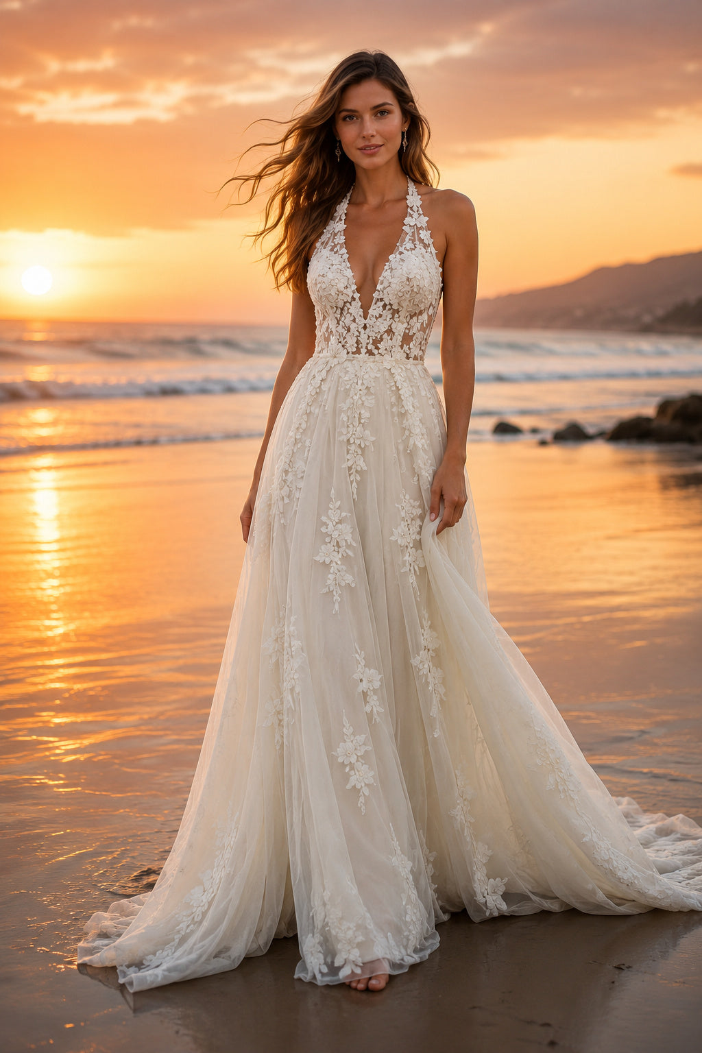 Ivory Halter V-Neck Lace Tulle A-Line Wedding Dress Keyhole Back for Bridal Ceremony and Reception front view