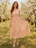 Peach Wildflower Print Cap Sleeve Orchard Midi Dress front view