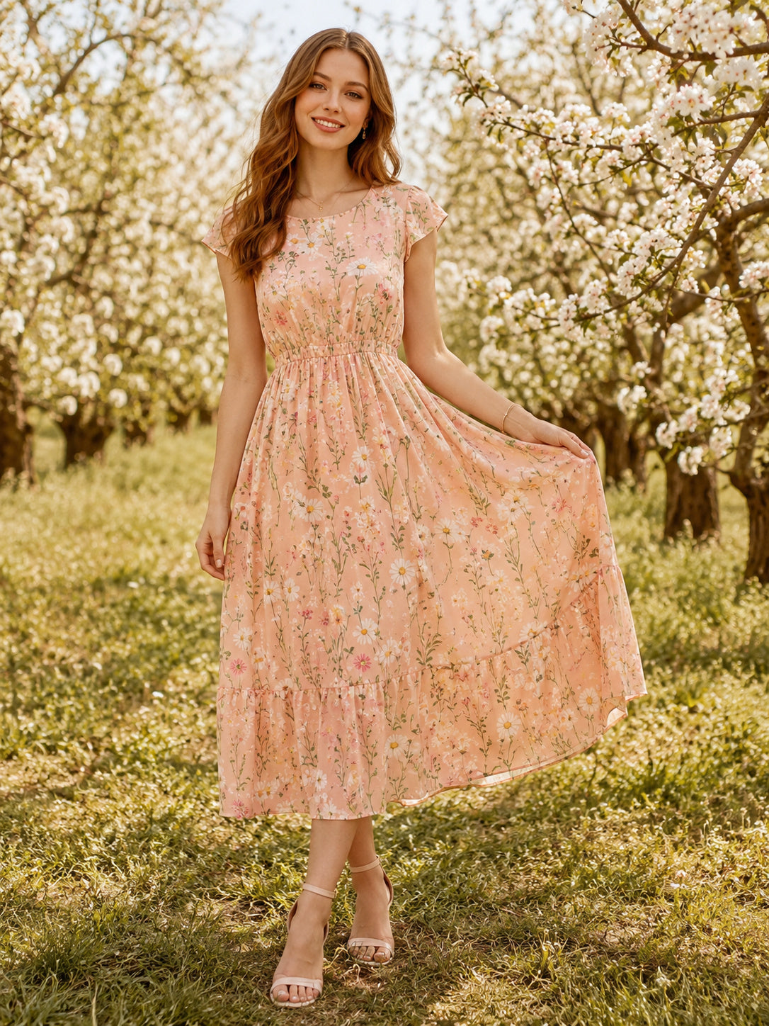Peach Wildflower Print Cap Sleeve Orchard Midi Dress front view