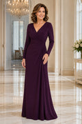 Plum V-Neck Long Sleeve Sheath Mother Dress with Wrap Bodice and Floor Skirt front view