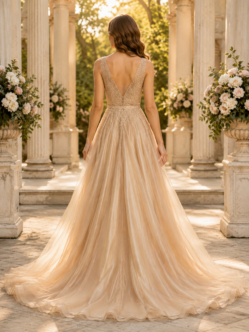 Luxury Gold Tulle Prom A Line Floor Length V Neck Beaded Bodice Gown back view