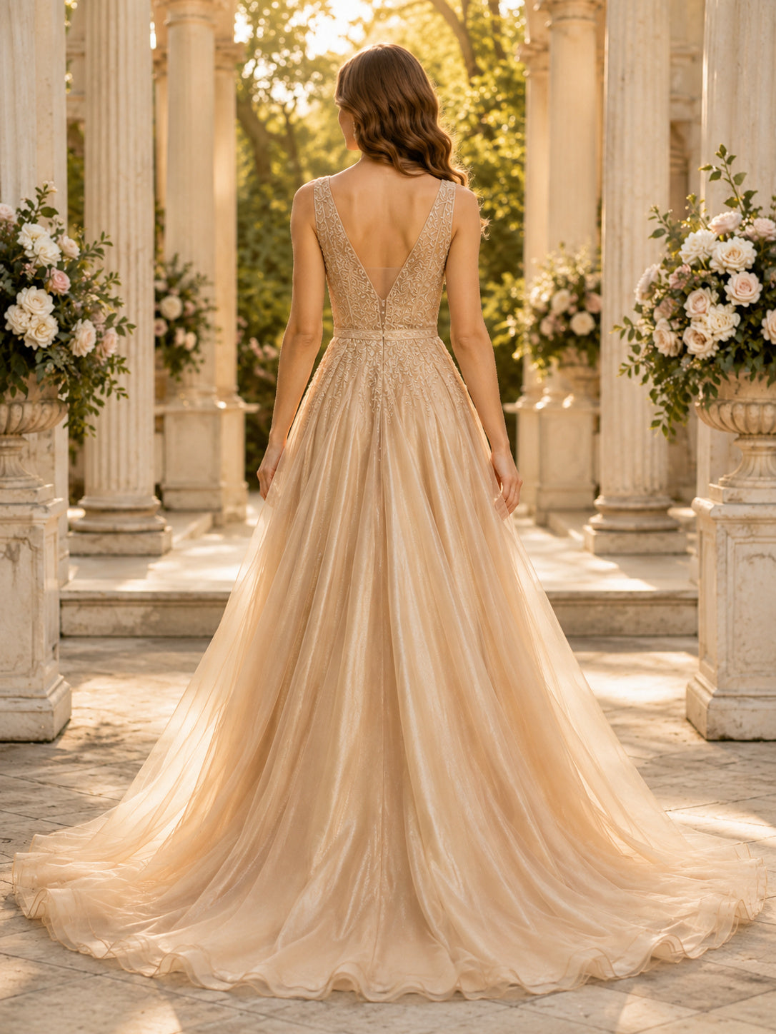 Luxury Gold Tulle Prom A Line Floor Length V Neck Beaded Bodice Gown back view