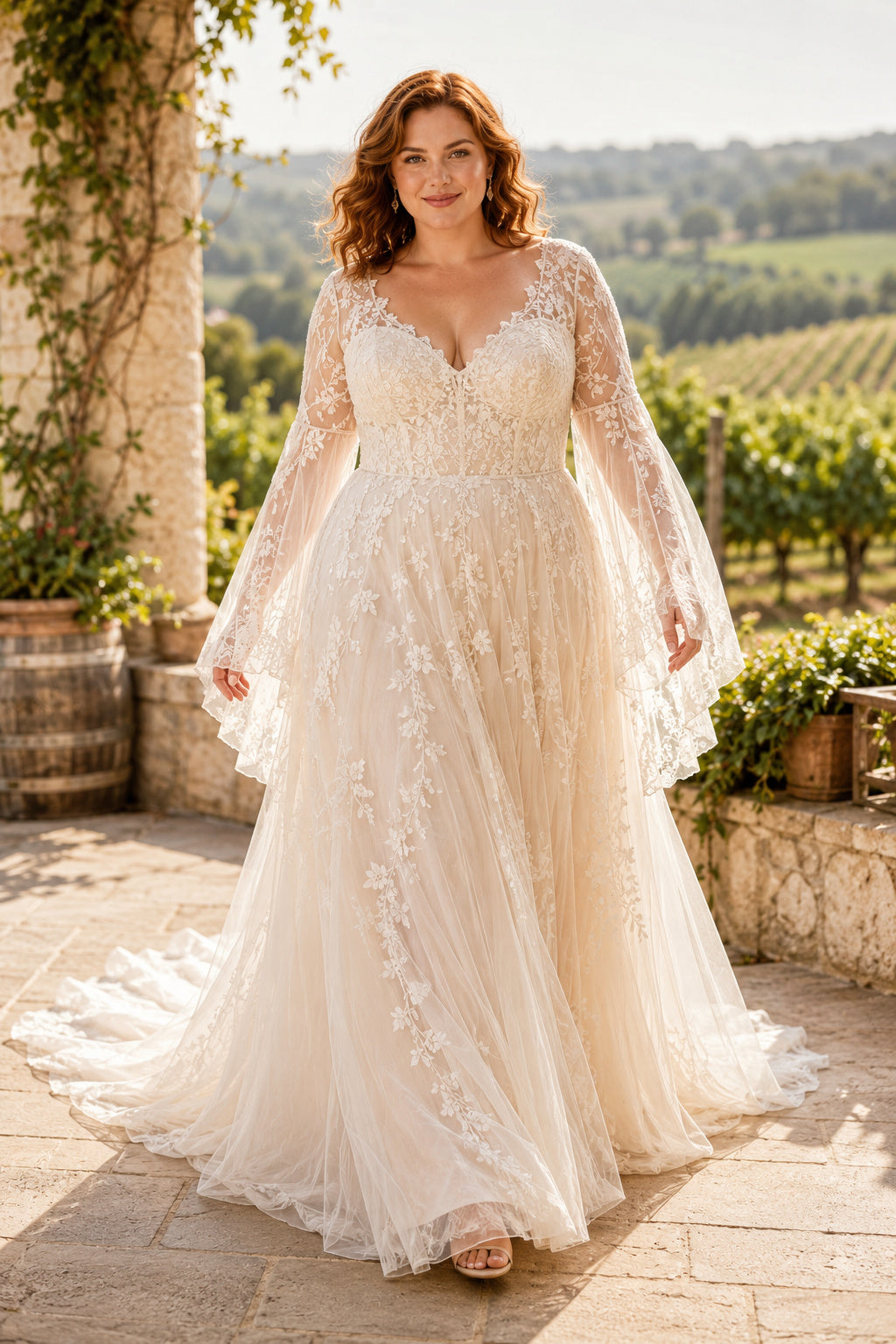 Plus Size Long Sleeve V-Neck Lace Tulle A-Line Wedding Dress with Chapel Train front view