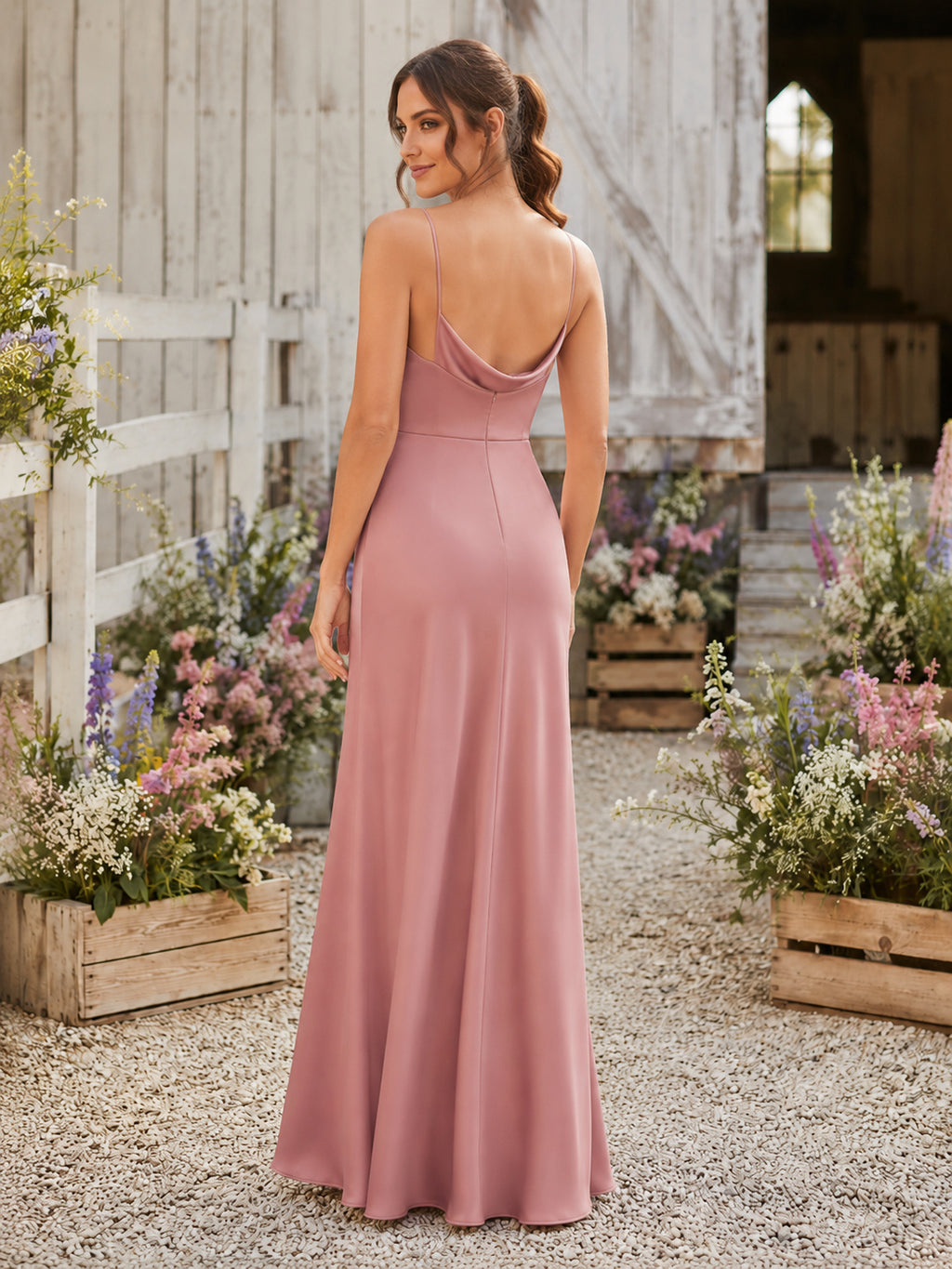 Pearl Pink Satin Sheath Cowl Neck Spaghetti Strap Draped Low Back Floor-Length Bridesmaid Dress Style 109127 back view