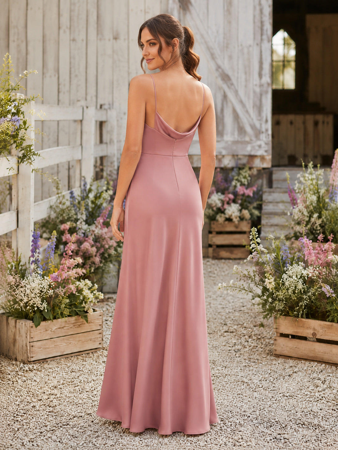 Pearl Pink Satin Sheath Cowl Neck Spaghetti Strap Draped Low Back Floor-Length Bridesmaid Dress Style 109127 back view