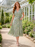 Sage floral V-neck flutter sleeve botanical midi dress front view