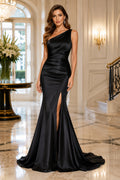 Black One-Shoulder Satin Mermaid Evening Dress with Thigh Slit and Train front view