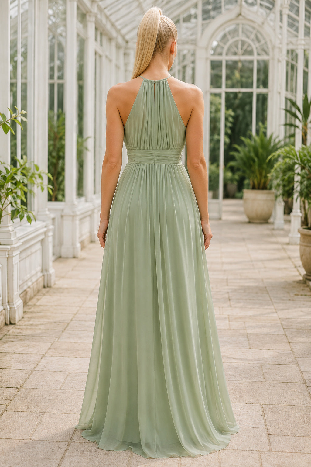 Sage High Neck Halter Chiffon A-Line Bridesmaid Dress with Pleated Waist back view