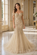 Champagne Off-the-shoulder Mermaid Lace, Tulle Floor-length Wedding Dress With Lace and Train and Open Back