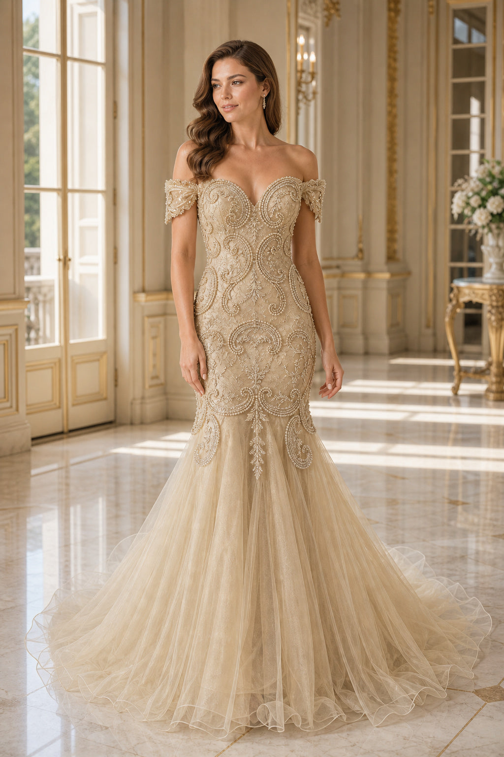 Champagne Off-the-shoulder Mermaid Lace, Tulle Floor-length Wedding Dress With Lace and Train and Open Back