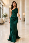 Dark Green One-Shoulder Satin Sheath Formal Dress with Ruched Bodice and Floor Length Skirt front view