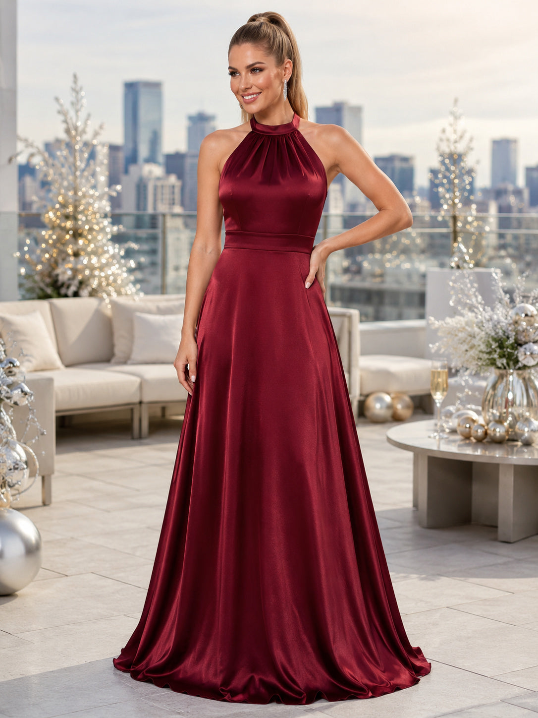 Burgundy Halter Neck Sleeveless Satin A-Line Floor Length Backless New Year Evening Dress front view