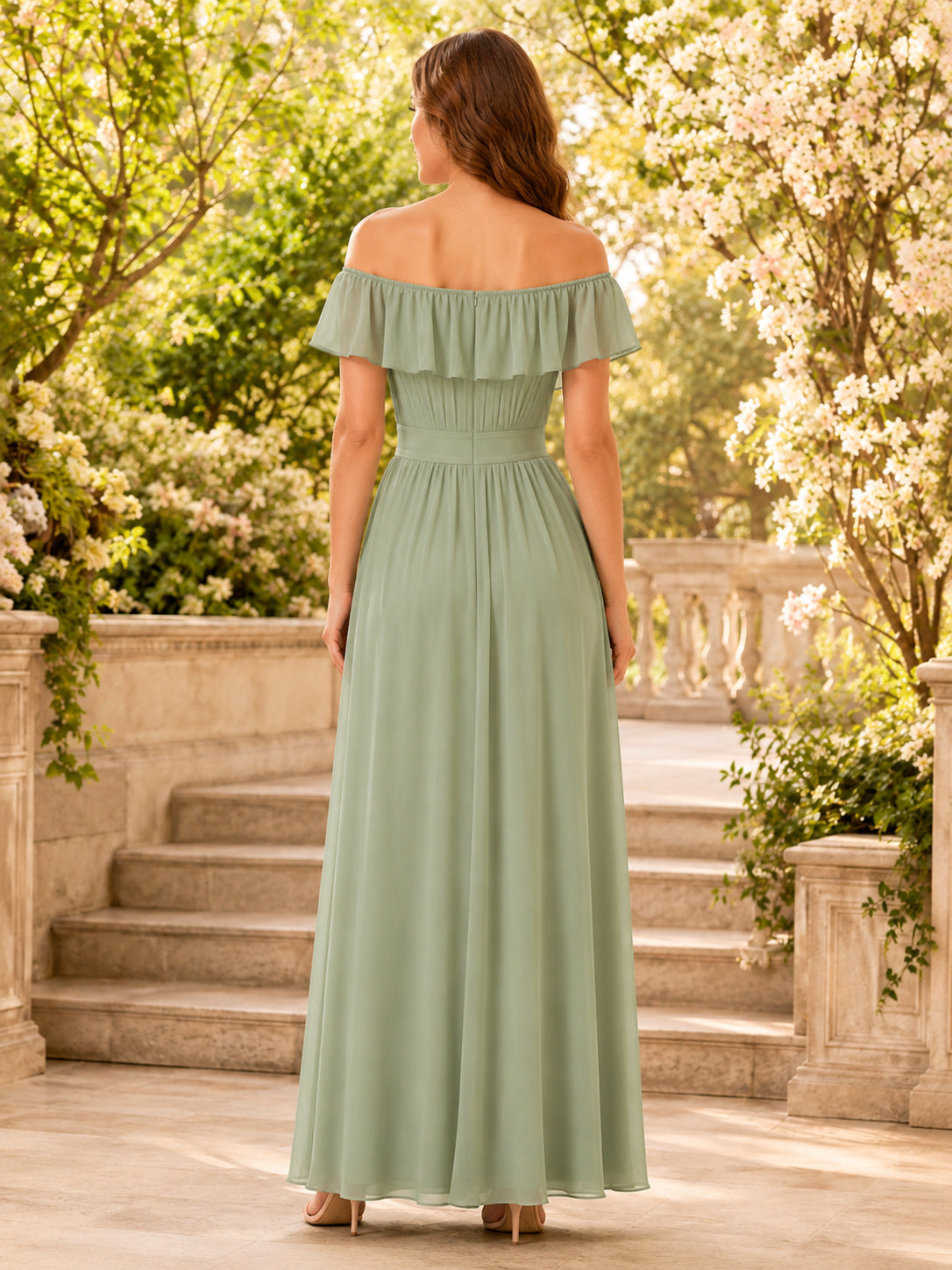 Sage Spring Garden Wedding Guest Dress A-Line Chiffon Off Shoulder Sleeveless Floor-Length Ruffle back view