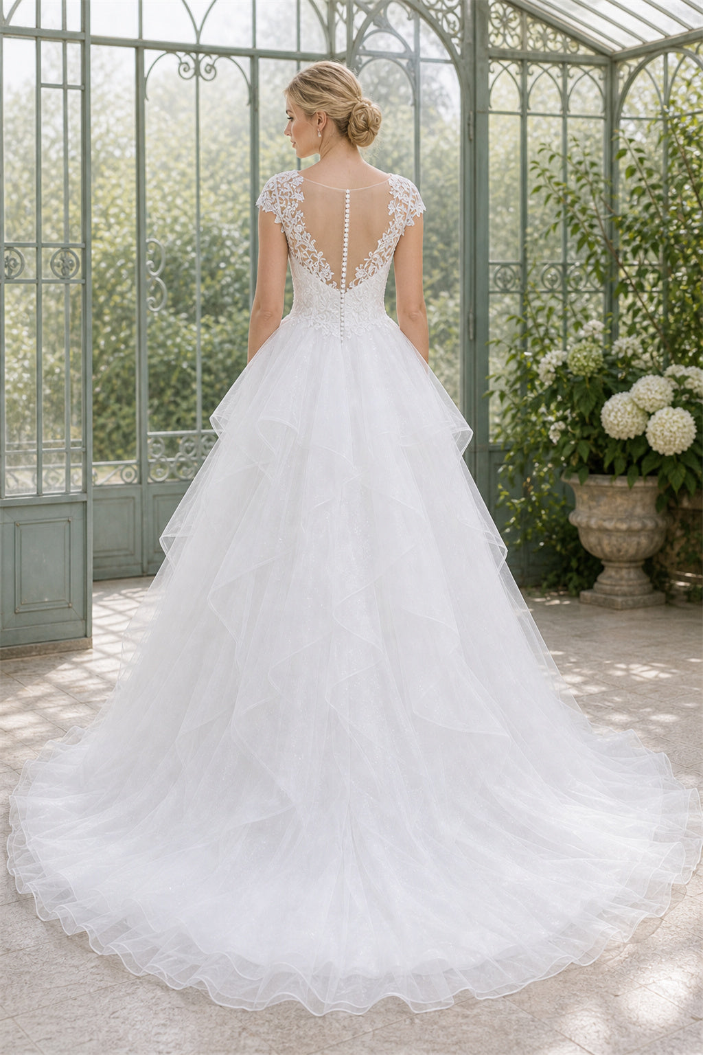 White Illusion Cap Sleeves Ball Gown Tulle Floor-length Wedding Dress With Ruffles and Lace and Open Back