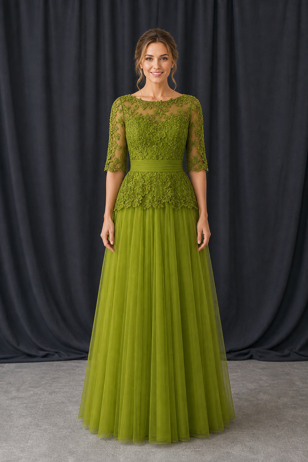 Olive Bateau Three-Quarter Sleeve A-Line Chiffon Floor-Length Dress With Lace Bodice