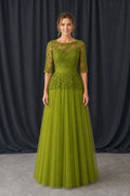Olive Bateau Three-Quarter Sleeve A-Line Chiffon Floor-Length Dress With Lace Bodice