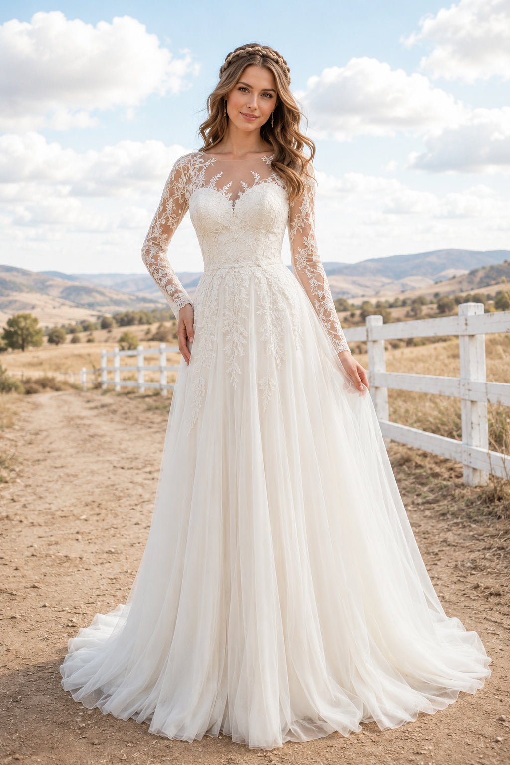 One Shoulder Sweetheart A-Line Wedding Dress with Illusion Lace Sleeve and Tulle Train front view