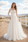 One Shoulder Sweetheart A-Line Wedding Dress with Illusion Lace Sleeve and Tulle Train front view