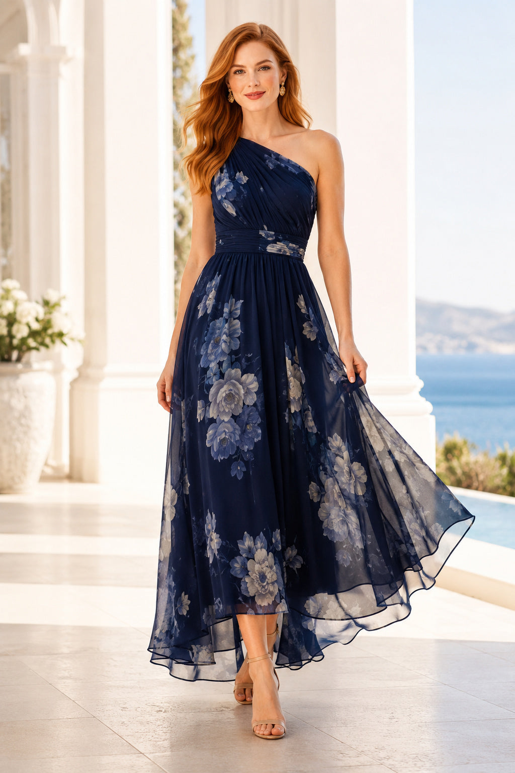 Sky Blue One Shoulder Wedding Guest Sheath Dress front view