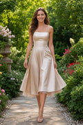 Champagne Square Neck Tea-Length Satin A-Line Dress