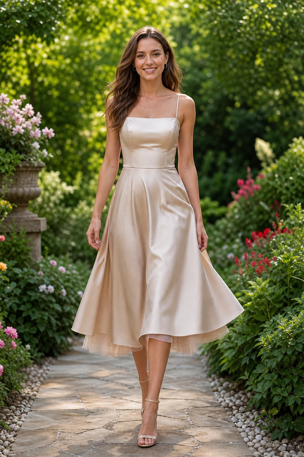Champagne Square Neck Tea-Length Satin A-Line Dress