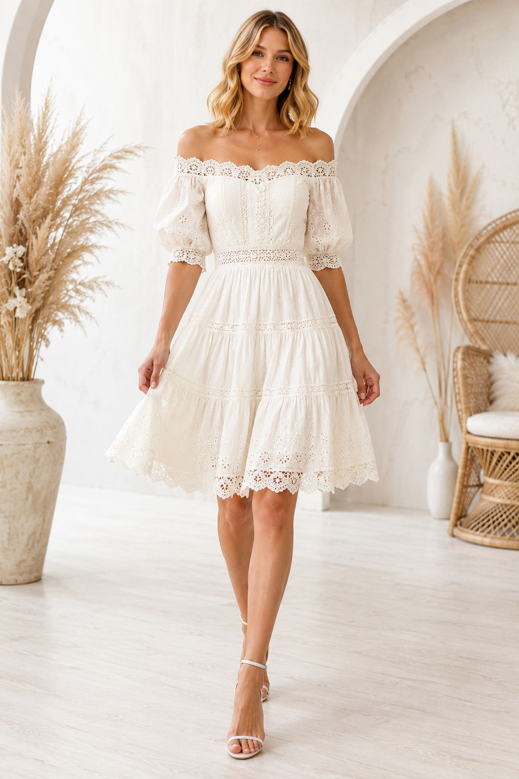 Off-the-Shoulder Knee-Length Lace Wedding Dress with Puff Sleeves front view
