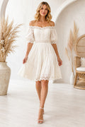 Off-the-Shoulder Knee-Length Lace Wedding Dress with Puff Sleeves front view