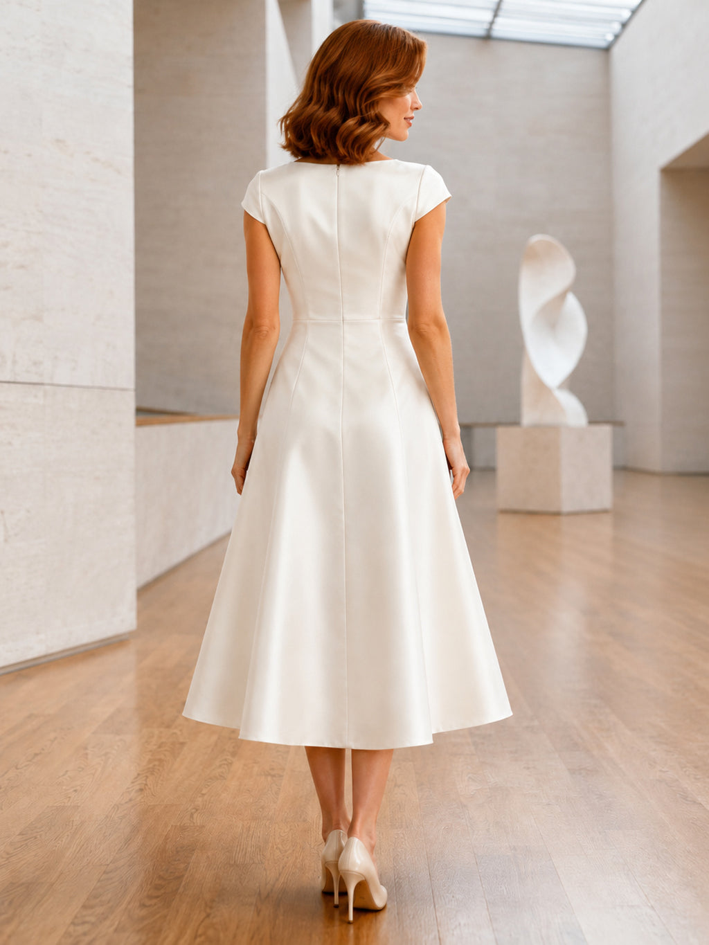 Ivory Cap Sleeve Square Neck Satin Donor Reception Dress back view
