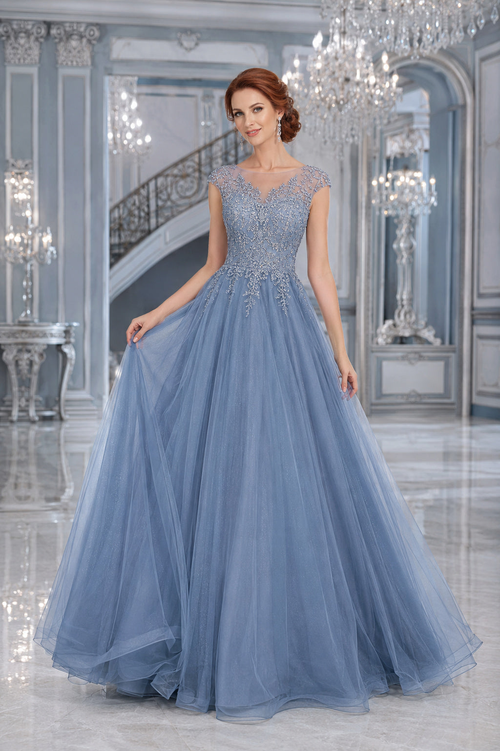 Slate Blue Illusion Cap Sleeve Tulle Ball Gown with Lace Applique Bodice for Prom front view