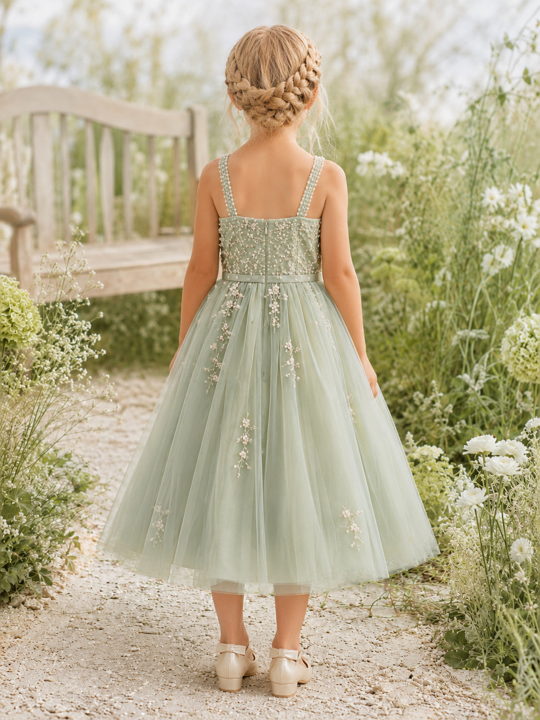 Romantic A-Line Sage Pearl Embellished Spaghetti Strap Tulle Flower Girl Tea-Length Garden Dress back view