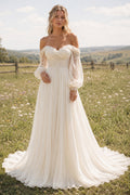 Ivory Off-the-Shoulder Chiffon A-Line Wedding Dress with Puff Sleeves front view