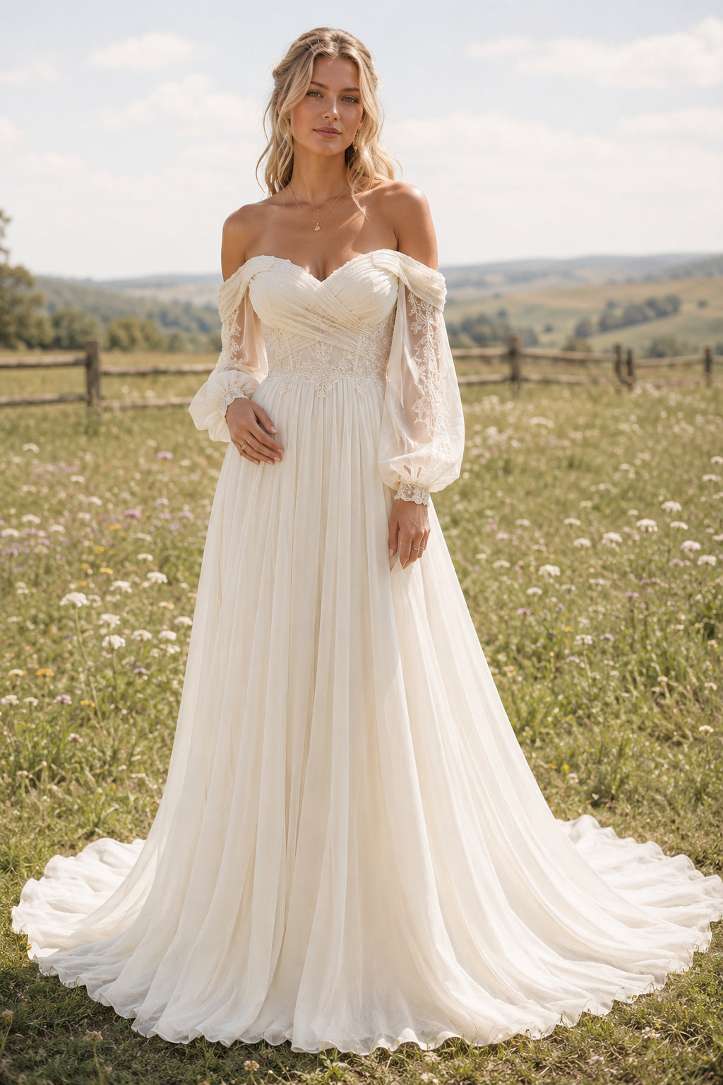 Ivory Off-the-Shoulder Chiffon A-Line Wedding Dress with Puff Sleeves front view