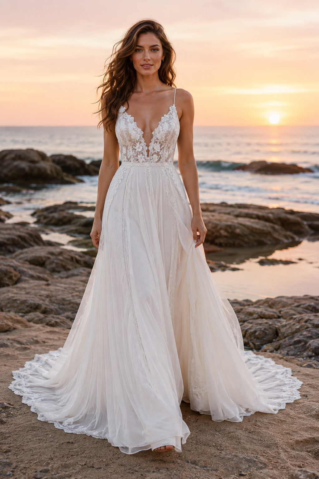 Ivory Spaghetti V-Neck Lace Tulle A-Line Wedding Dress Chapel Train for Bridal Ceremony and Reception Style MG_700755 front v