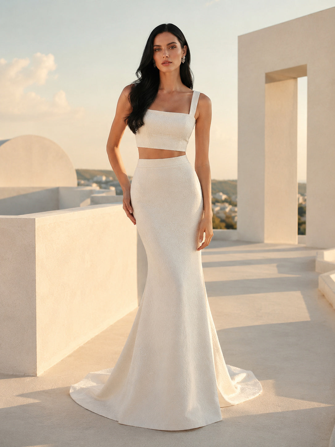 Square Strap Crepe Crop Top Mermaid Destination Bridal Set front view