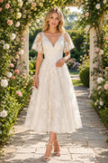 Ivory V-Neck Flutter Sleeve Lace Tea-Length Wedding Dress with Flutter Lace Sleeves and Scalloped Hem front view