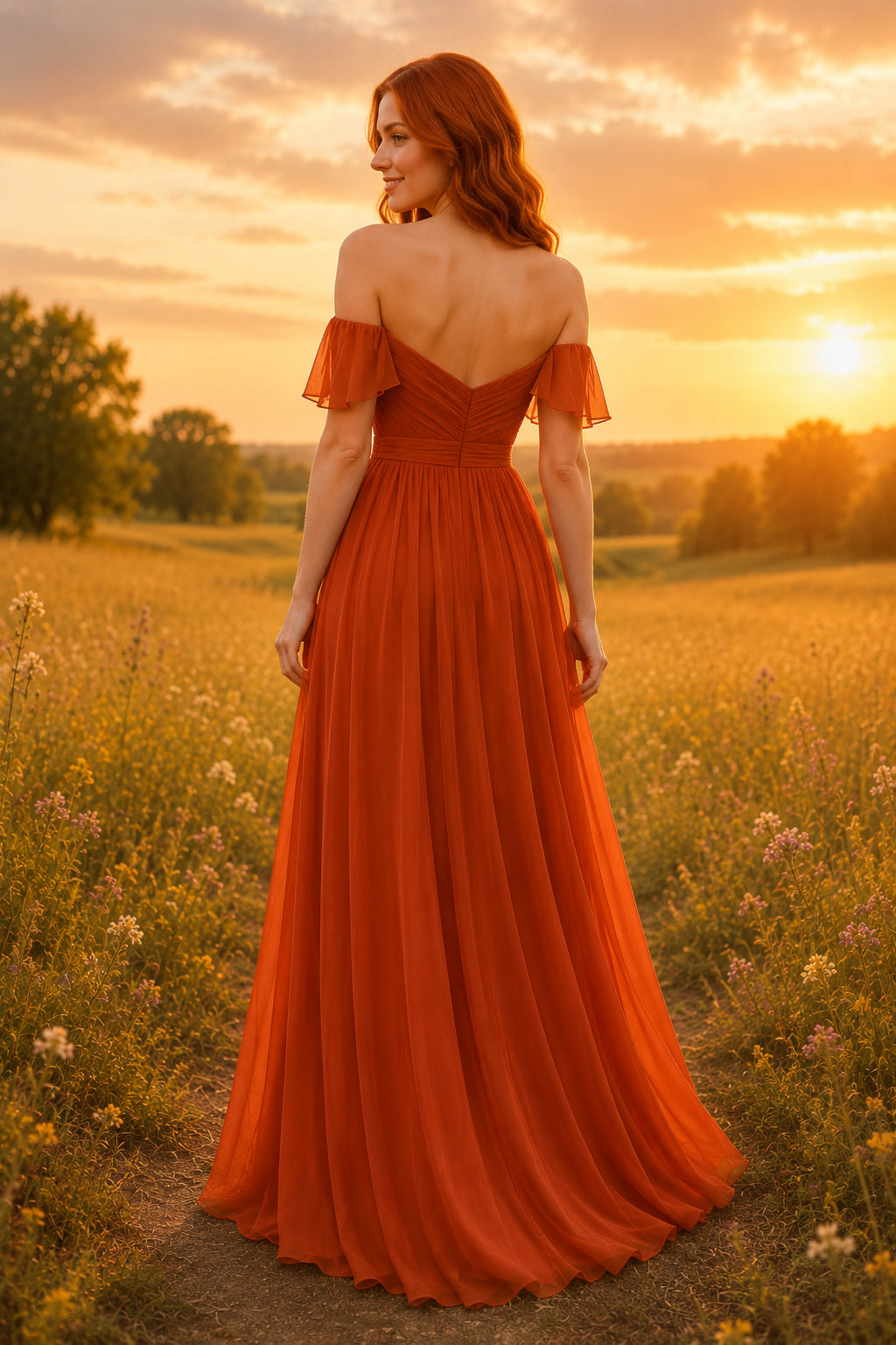 Orange Off-the-Shoulder Chiffon A-Line Bridesmaid Dress with Flutter Sleeves and Draped Skirt back view
