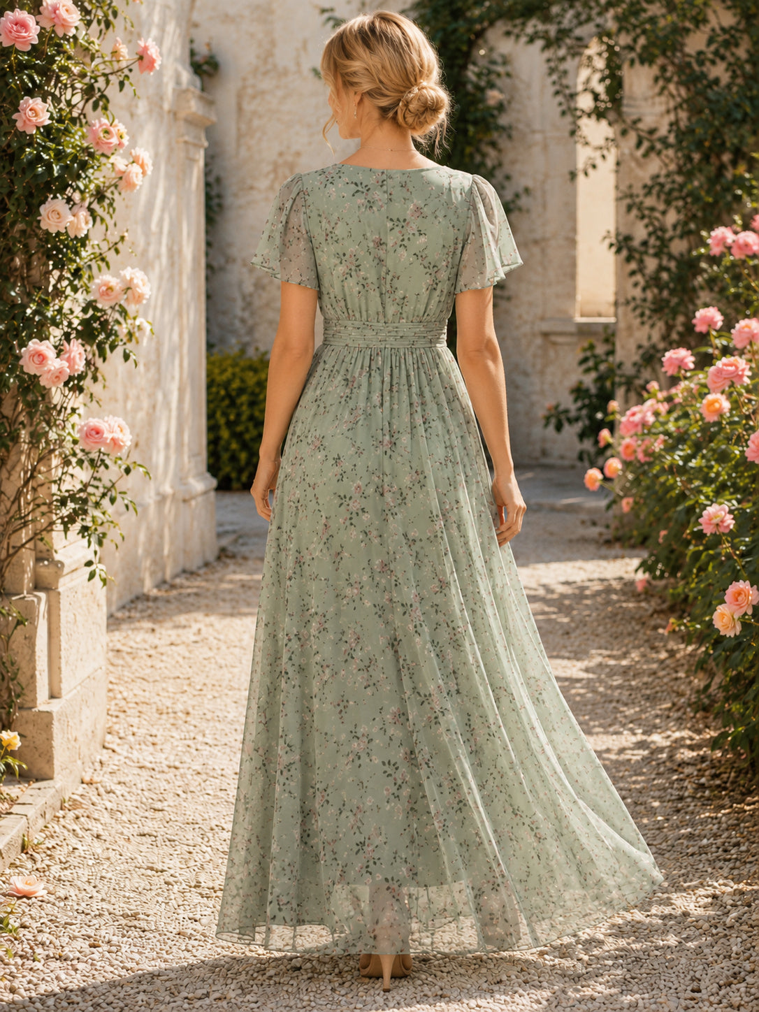 Sage Rose Garden Wedding Guest Dress A-Line Chiffon V-Neck Short Sleeve Floor-Length Floral Ruched back view