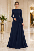Dark Navy Bateau Long Sleeve Chiffon A-Line Mother Dress with Simple Floor Skirt front view