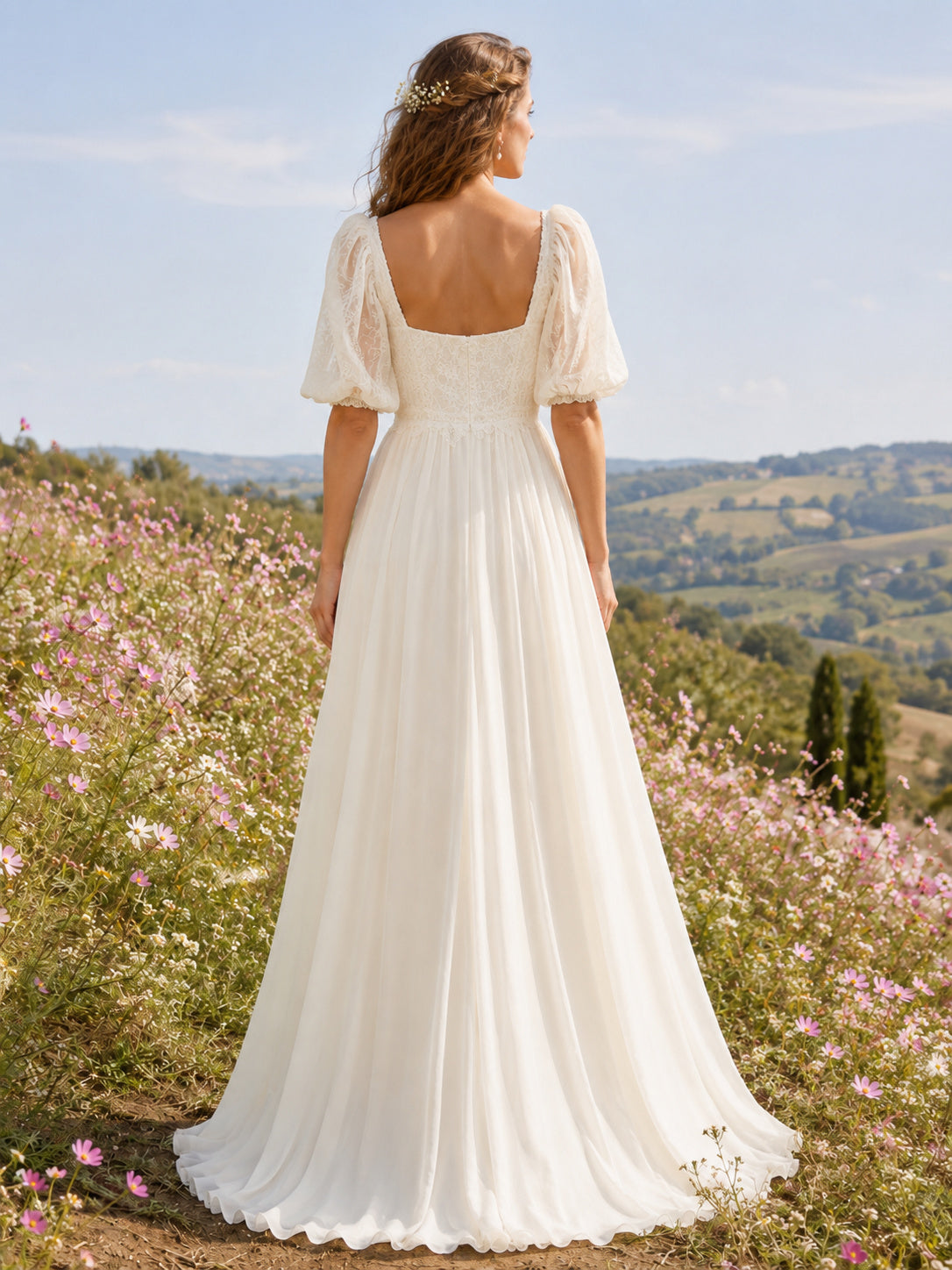 Square Neck Puff Sleeve Chiffon Boho Outdoor Wedding Dress back view