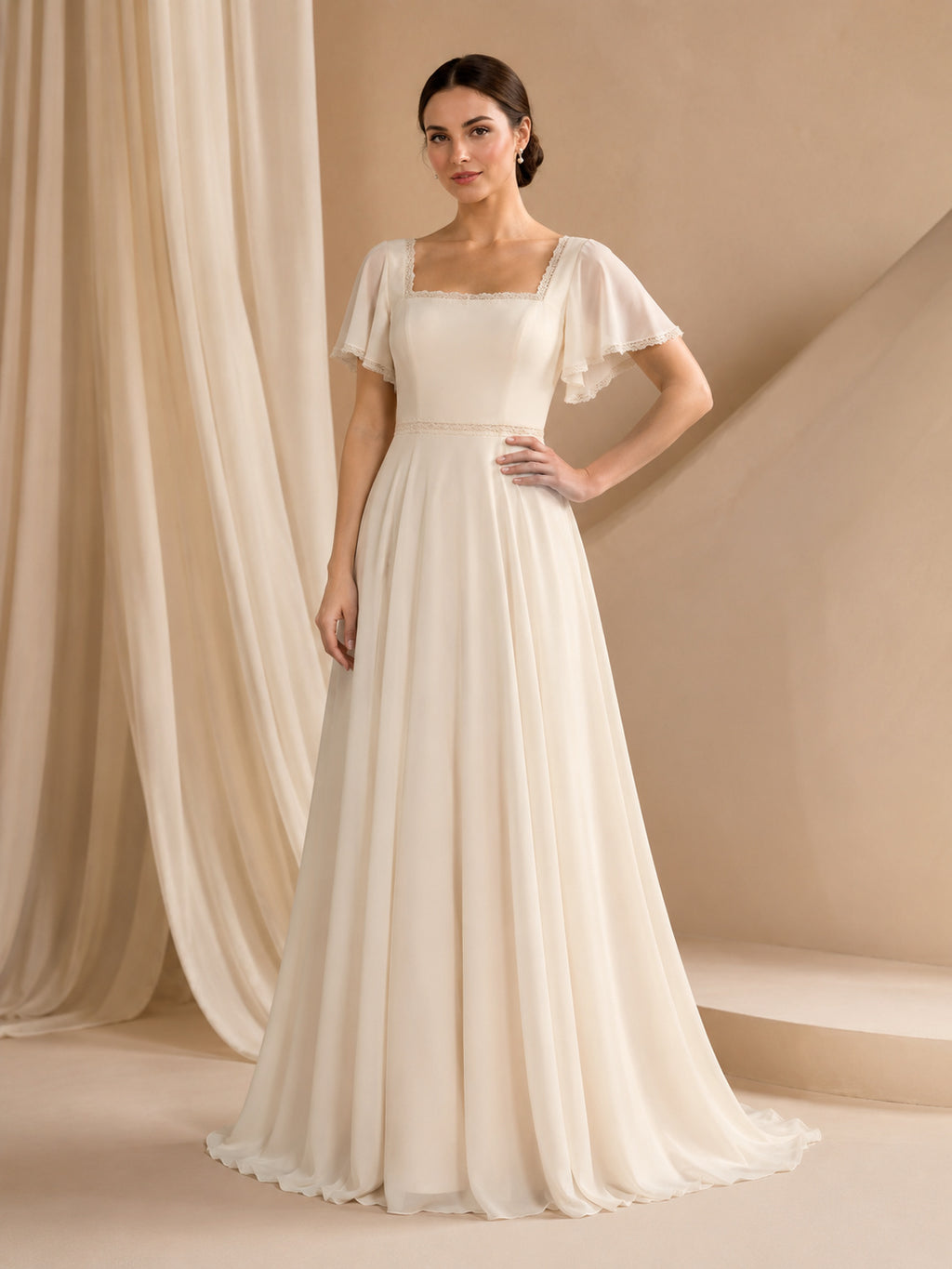 Square Neck Flutter Sleeve Simple Studio A-Line Wedding Dress front view