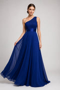 Royal Blue One-Shoulder Chiffon A-Line Formal Dress with Sash Waist front view