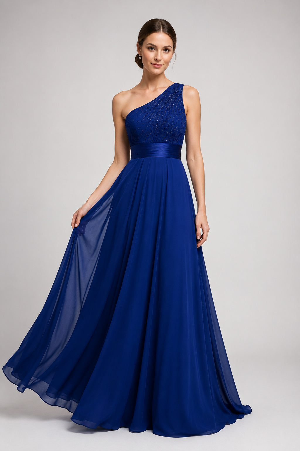 Royal Blue One-Shoulder Chiffon A-Line Formal Dress with Sash Waist front view